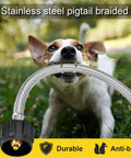 Dog holding a Two Pack 12 Inch Stainless Steel Braided RV Propane Hose For Camper Gas Lines 1/4 NPT Male Inlet With QCC1 Quick Connect Pigtail Connector Durable For Standard Two-Stage Regulators And Outdoor Use in mouth, showing durability and anti-bite feature.
