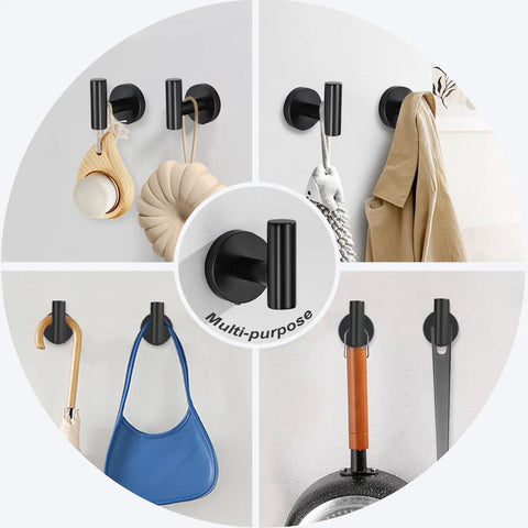 Matte Black Stainless Steel Bathroom Hardware Set With 20 Inch Towel Bar Toilet Paper Holder And Two Robe Hooks Wall Mounted Bath Accessory Kit Rustproof SUS304 Finish For Modern Homes showing robe hooks with hanging items
