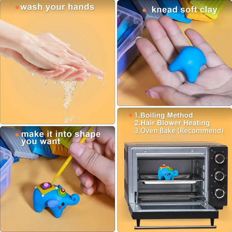 Steps showing how to use 60 Color Polymer Clay Starter Kit For Kids And Adults DIY Modeling Clay Oven Bake Art And Crafts Set