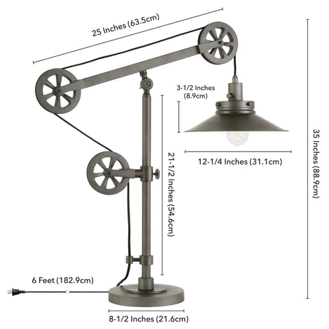 29 Inch Tall Wide Brim Pulley System Table Lamp With Metal Shade In Aged Steel for Home Office and Computer Desk Adjustable Height