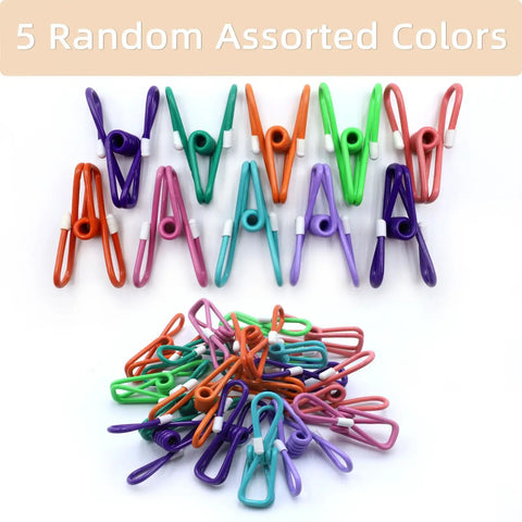 Slick 10 Pack Colorful Metal Chip Bag Clips With Rubber Finger Guards And Heavy Spring Steel Design in assorted colors on a white background.