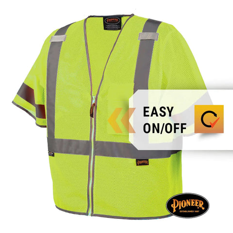High Visibility Sleeved Mesh Safety Vest With Brilliant Reflective Tape And Utility Pockets Class 3 in vibrant yellow with zipper.