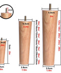 Natural wood table legs with M6 M8 M10 threaded bolts, showing sizes 2in, 2.2in, and height dimensions, ideal for refreshing furniture.