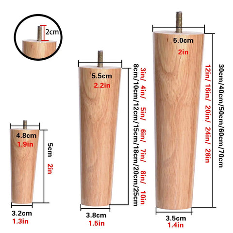 Natural wood table legs with M6 M8 M10 threaded bolts, showing sizes 2in, 2.2in, and height dimensions, ideal for refreshing furniture.