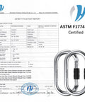 Beefy Heavy Duty Steel Carabiner Clip Set Rated 25kN 5600lbs ASTM F1774-20 certified test report, two silver carabiners