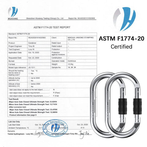 Beefy Heavy Duty Steel Carabiner Clip Set Rated 25kN 5600lbs ASTM F1774-20 certified test report, two silver carabiners