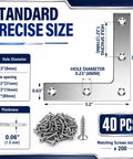 Diagram showing dimensions of 40 Pcs L Shaped Stainless Steel Corner Braces With 200 Mounting Screws Easy Install Flat Right Angle Repair Brackets.