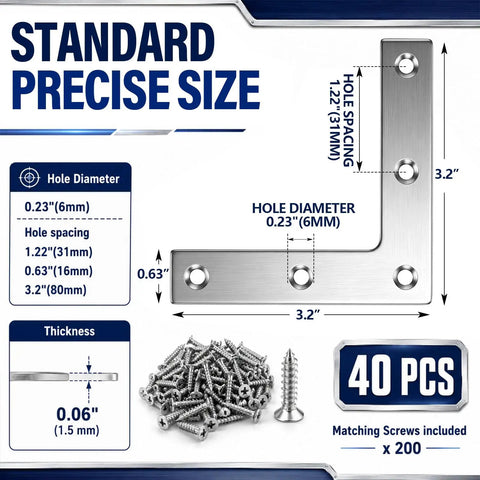 Diagram showing dimensions of 40 Pcs L Shaped Stainless Steel Corner Braces With 200 Mounting Screws Easy Install Flat Right Angle Repair Brackets.