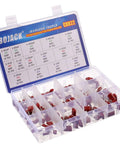 Metallized Polypropylene Film Capacitors Assortment Kit, 150 pcs, organized in plastic case, showing labels and compartments