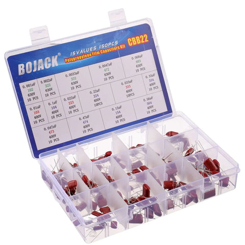 Metallized Polypropylene Film Capacitors Assortment Kit, 150 pcs, organized in plastic case, showing labels and compartments