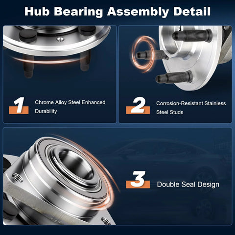 Detailed view of Front Or Rear Wheel Bearing Hub Assembly Drop In Ready with chrome steel and stainless studs.