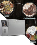 Heavy Duty Electric Nut And Coffee Bean Roaster With Thumb Turn Temp Dials Auto Shutoff Nonstick Drum Pan displayed with various nuts and coffee beans.
