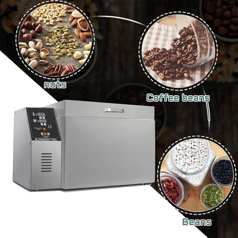 Heavy Duty Electric Nut And Coffee Bean Roaster With Thumb Turn Temp Dials Auto Shutoff Nonstick Drum Pan displayed with various nuts and coffee beans.
