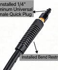 Close-up of Built Tough Kink Free Air Hose 1/4 Inch By 50 Feet 300 Psi showing aluminum quick plug with bend restrictor.