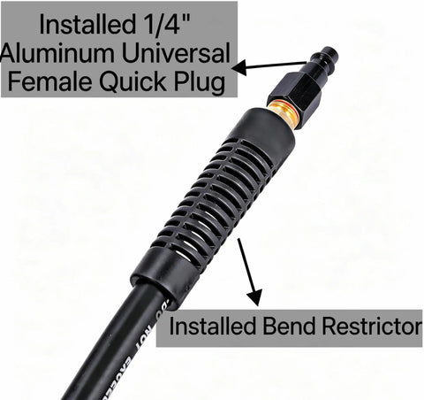 Close-up of Built Tough Kink Free Air Hose 1/4 Inch By 50 Feet 300 Psi showing aluminum quick plug with bend restrictor.