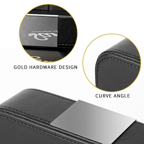 Close-up of luxury leather desktop tray with metal accents, highlighting gold hardware and curved angle in black.