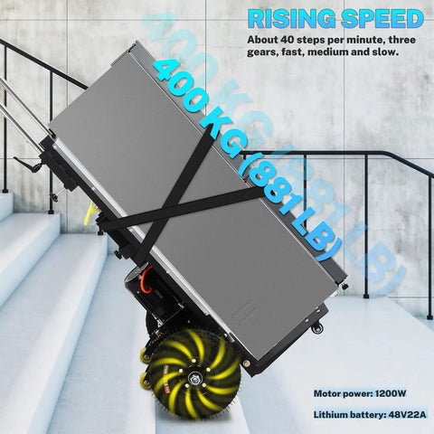 Heavy Duty 1200W Electric Stair Climber Trolley That Hauls Massive Loads Up Steps Like A Boss With Rust Resistant Stainless Steel Deck For Tough Job Sites on stairs with a load.