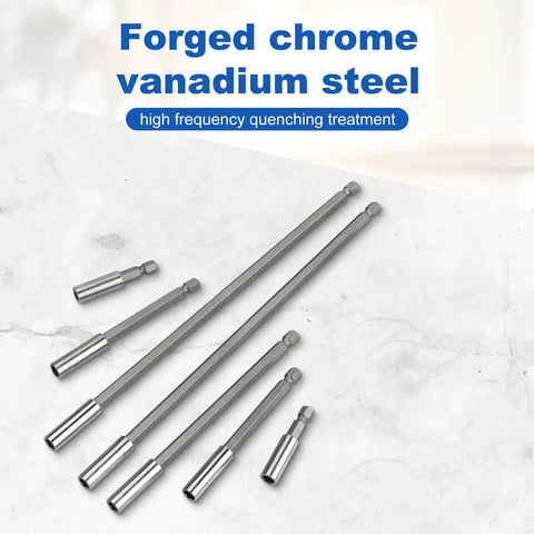 Heavy Duty Magnetic Drill Bit Extension Holder 12 Pack With 2 4 6 And 12 Inch Shafts For Tight Spots Cordless Drills Rock Solid Magnet Grip No Sweat Setup Pure Shop Grade Gold forged chrome vanadium steel extensions on white background.