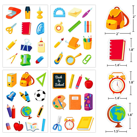 Colorful school-themed stickers with scissors, notebooks, and apples from Totally Back To School Sticker Pack 47 Pcs Waterproof Decals.
