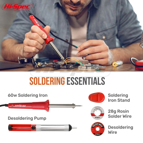 Man using 84 Piece Electronics Soldering Kit with Multimeter and Repair Tools for PCBs and Computers Including a 60W Soldering Iron