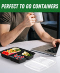 Person using a laptop with 32 Ounce Meal Prep Containers With Lids Three Compartment Reusable Plastic To Go Takeout Food Storage Boxes on the table