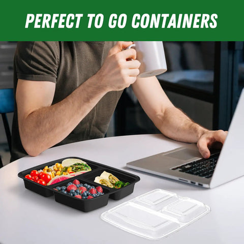 Person using a laptop with 32 Ounce Meal Prep Containers With Lids Three Compartment Reusable Plastic To Go Takeout Food Storage Boxes on the table
