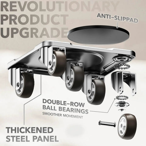 Detailed view of Heavy Duty Furniture Movers With 5 Wheels, 360 Degree Rotatable Universal Casters, showcasing steel panel and anti-slip design.