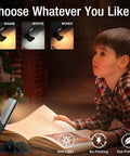 Child reading with Clip On Bookmark Reading Light For Books In Bed With Adjustable Brightness Levels Soft Eye Friendly LED