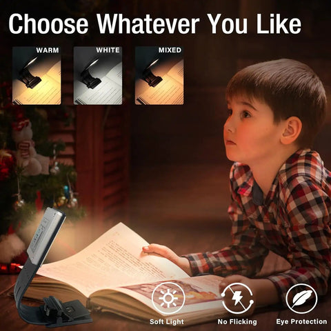 Child reading with Clip On Bookmark Reading Light For Books In Bed With Adjustable Brightness Levels Soft Eye Friendly LED