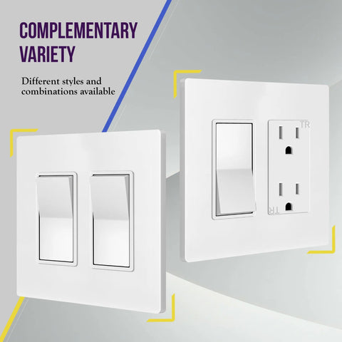 2-Gang Screwless Decorator Wall Plate Outlet Cover, glossy white finish, showing two styles side by side with switches and outlet.