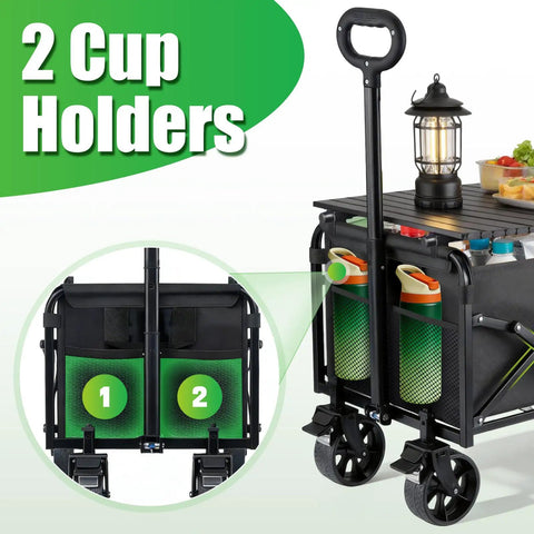 Heavy Duty Collapsible Wagon Cart With 31.5x17 Inch Tabletop and 2 cup holders, 500 lb capacity, all terrain folding cart with brakes