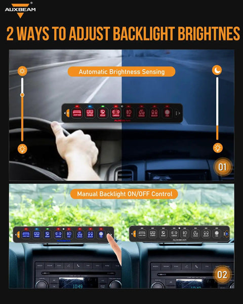 8 Gang Slim Switch Panel With RGB Backlit LED for truck and boat, showing brightness adjustment methods in use.