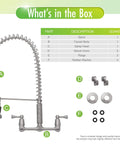 Components of Dual Handle Pro Grade Commercial Style Wall Mount Kitchen Faucet With Pull Down Nozzle And Dual Spray Options