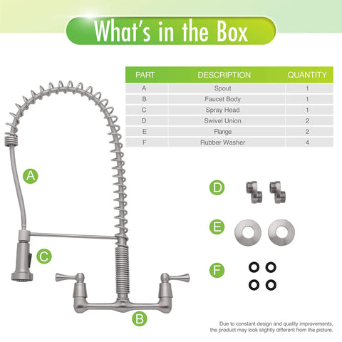 Components of Dual Handle Pro Grade Commercial Style Wall Mount Kitchen Faucet With Pull Down Nozzle And Dual Spray Options