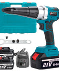 Upgrade Your Tool Kit With This Badass Brushless Cordless Rivet Gun, includes two batteries, charger, and wrench for heavy-duty projects.