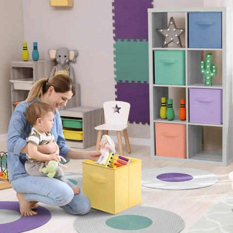 Mother and child using 11 Inch Fabric Storage Cubes With Handles Sturdy Collapsible Bins Set Of 6 Foldable Baskets in pastel colors