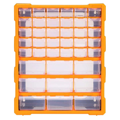 Wall Mount Cabinet Organizer With 39 Drawers And Removable Dividers, DIY Friendly, Black And Orange Plastic Storage System