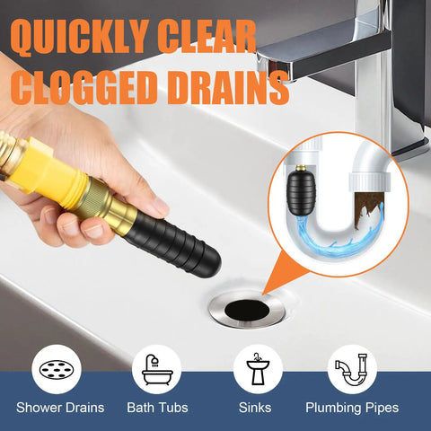 Multi Size Rubber Drain Bladder Kit For Knocking Out Dang Clogs In 1 To 6 Inch Pipes Fast No Sweat Bathroom Sink Shower Or Pool Unclogger with garden hose attachment.