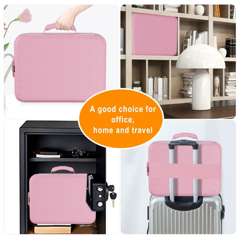 Beefed Up Heatproof Document Safe With Lock And Insulated 5200F Fireproof Waterproof Box Eight Layer Portable File Organizer For Home And Travel Pink Soft Exterior in various settings.