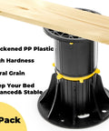 Four Pack Adjustable Bed Support Legs Eight Point Five To Thirteen Inches Heavy Duty Center Slat Reinforcement Kit Nixes Saggy Bed Frames Instantly locks down a sturdy PP plastic leg.
