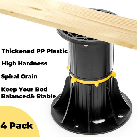 Four Pack Adjustable Bed Support Legs Eight Point Five To Thirteen Inches Heavy Duty Center Slat Reinforcement Kit Nixes Saggy Bed Frames Instantly locks down a sturdy PP plastic leg.