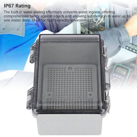 Rugged Outdoor Electrical Junction Box with IP67 ABS Enclosure, grid mounting plate, clear cover, and stainless steel door lock