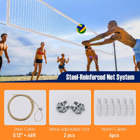 Group playing with Heavy Duty Volleyball Net For Backyard And Pool Play, 32x3 Feet With 4 Inch Mesh, AVP NCAA Standard