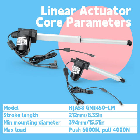 Two aluminum lift-chair linear actuators with black motors and cords; model HJA58 GM1450-LM