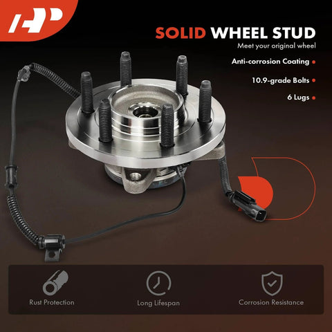 Front Wheel Bearing And Hub Assembly Pair With ABS For 2011 2014 Ford F 150 Expedition And Lincoln Navigator 6 Lug 4WD Only Drop In Ready Direct Fit High Load Capacity For Smooth Quiet Ride Bolt Right In, showing solid wheel stud with 6 lugs and ABS sensor.