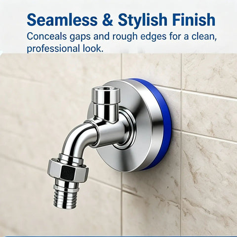 Magnetic Split Faucet Decorative Cover Wall Mount Pipe Escutcheon close-up showing shiny chrome finish on pipe with blue accent.