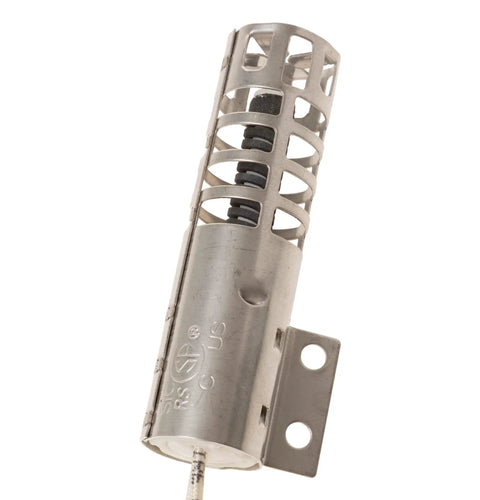 Close-up of WB2X9154 Igniter for Gas Broiler or Oven Replacement, metal housing, side view, compatible with GE gas ranges.