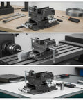 5 Inch Cross Slide Bench Vise With Smooth Moving Handles Cast Iron Construction on drill press with precise clamping.