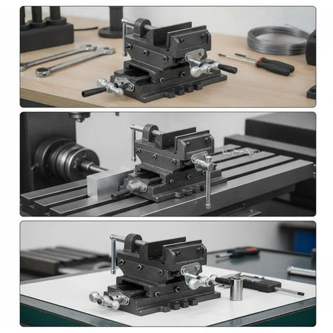 5 Inch Cross Slide Bench Vise With Smooth Moving Handles Cast Iron Construction on drill press with precise clamping.