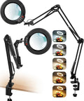 Ultra Long 3 Section Swing Arm Magnifier Lamp With Light And Clamp Real Glass Lens Dimmable LED With 5 Color Modes shown attached to desk